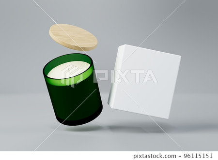 Green glass jar candle with wooden lid and box 3D render mockup 96115151