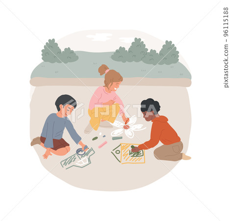 Drawing with chalk isolated cartoon vector illustration. Kids drawing with chalk on asphalt, recess art activity, outdoor creativity, break from lessons, leisure time at school vector cartoon. 96115188