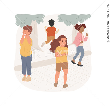 Hide and seek isolated cartoon vector illustration. Child covering eyes with hands, other children running and hiding, recess games, school break outdoors, play hide and seek vector cartoon. 96115192