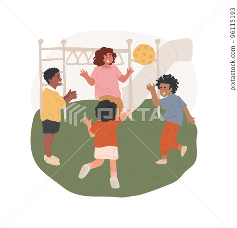 Throw and catch game isolated cartoon vector illustration. Children standing in circle, kids throwing ball to each other, playground activity, follow the rules, recess game vector cartoon. 96115193