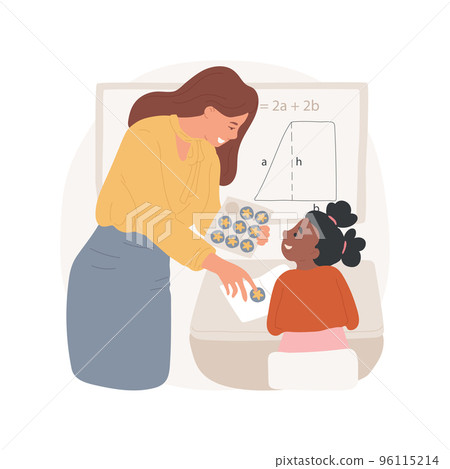 Getting reward stickers isolated cartoon vector illustration. Teacher giving a child sticker reward, elementary school award, student success recognition, getting a star vector cartoon. 96115214