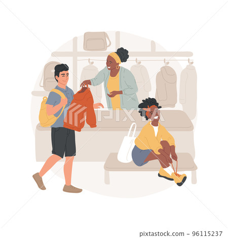 Cloakroom isolated cartoon vector illustration. Education system, school life, student handing coat, child sitting and changing shoes, backpack standing in cloakroom vector cartoon. 96115237