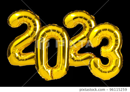 New Year 2023 celebration. Golden Yellow foil color balloons. 2023 balloons. Isolated black background New Year 2023 celebration. Golden Yellow foil color balloons. 2023 balloons. Isolated black background 96115259