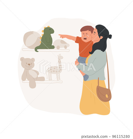 Whims in a shop isolated cartoon vector illustration. Mom carries crying toddler, kid pointing at a storefront, shopping mall, child whims, wanting a toy, together in the shop vector cartoon. 96115280