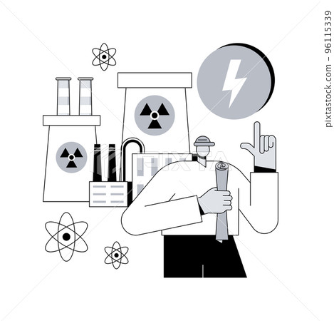 Nuclear energy abstract concept vector illustration. Nuclear power plant, sustainable energy source, cooling towers, uranium atom, distribution system, generate electricity abstract metaphor. Nuclear energy abstract concept vector illustration. Nuclear power plant, sustainable energy source, cooling towers, uranium atom, distribution system, generate electricity abstract metaphor. 96115339