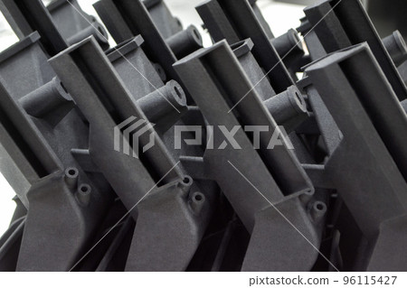 Models printed on 3D printer isolated on white background. Objects details printed on 3D printer from plastic close-up. Prototypes of shapes made by 3d printer. Concept new modern printing technology Models printed on 3D printer isolated on white background. Objects details printed on 3D printer from plastic close-up. Prototypes of shapes made by 3d printer. Concept new modern printing technology 96115427