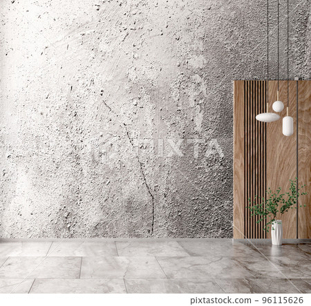Empty Interior background of room with white gray stucco or concrete wall and natural wood paneling. Decorative vase with plant on marble tiled floor. 3d rendering 96115626