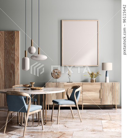 Interior design of modern dining room or living room, marble table and chairs. Wooden sideboard over blue wall. Home interior. 3d rendering Interior design of modern dining room or living room, marble table and chairs. Wooden sideboard over blue wall. Home interior. 3d rendering 96115642