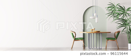 Interior design with wooden round table and chairs. Modern dining room with white wall. Cafe, bar or restaurant interior design. Home interior. 3d rendering Interior design with wooden round table and chairs. Modern dining room with white wall. Cafe, bar or restaurant interior design. Home interior. 3d rendering 96115644