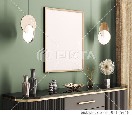 Interior of modern living room with sideboard and empty frame over green wall. Contemporary room with dresser. Home design with mock up poster. 3d rendering Interior of modern living room with sideboard and empty frame over green wall. Contemporary room with dresser. Home design with mock up poster. 3d rendering 96115646