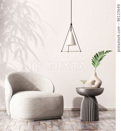 Interior of living room with pendant light, coffee table, armchair over beige mock up wall. Home design. Interior background with copy space. 3d rendering 96115649
