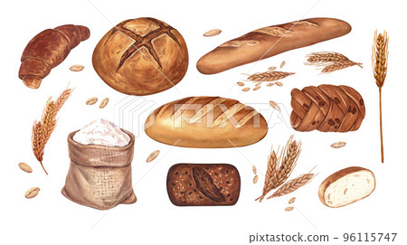 Watercolor set bread, buns, baguettes, pastries, and other baked goods. Concept for a bakery or cafe. Background for your design: restaurant menu element, recipe cooking book. 96115747