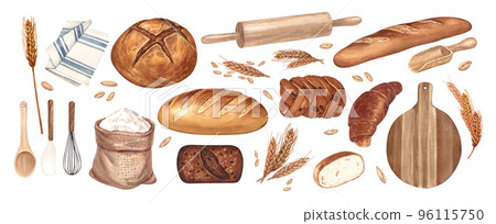Watercolor set kitchen tools and bread. Buns, baguettes, bread, pastries, and other baked goods. Concept for a bakery or cafe. Background for your design: restaurant menu element, recipe cooking book. 96115750