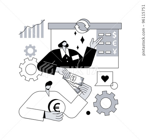 Currency exchange abstract concept vector illustration. Foreign exchange market rate, bank cash money offering, booth and teller station, forex broker, financial institution abstract metaphor. Currency exchange abstract concept vector illustration. Foreign exchange market rate, bank cash money offering, booth and teller station, forex broker, financial institution abstract metaphor. 96115751