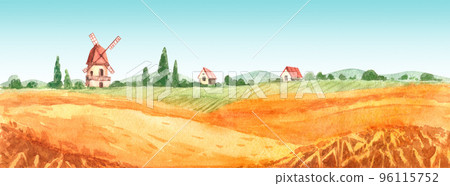 Summer rural landscape, wheat rye field. Watercolor hand drawn illustration, background for your design: bakery, cafe, restaurant menu element, recipe cooking book. Summer rural landscape, wheat rye field. Watercolor hand drawn illustration, background for your design: bakery, cafe, restaurant menu element, recipe cooking book. 96115752