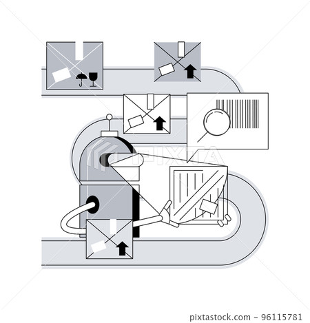 Barcode scanning abstract concept vector illustration. Barcode generator software, warehouse logistics, parcel tracking and sorting, warehouse automation system, solution abstract metaphor. 96115781