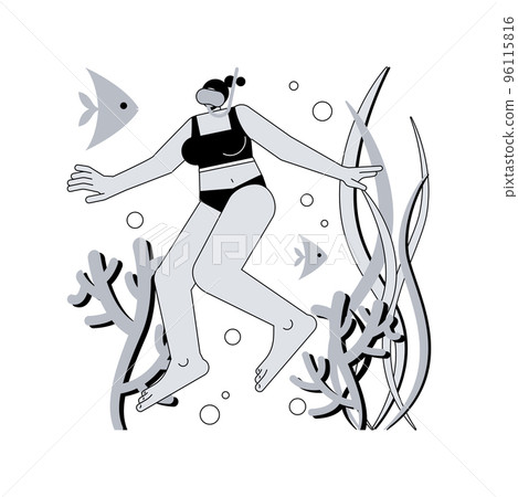 Snorkeling abstract concept vector illustration. Coral reef, underwater mask, summer vacation, scuba diving equipment, sea water, active tourism, exotic travel, lagoon abstract metaphor. Snorkeling abstract concept vector illustration. Coral reef, underwater mask, summer vacation, scuba diving equipment, sea water, active tourism, exotic travel, lagoon abstract metaphor. 96115816
