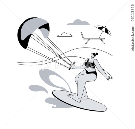 Kitesurfing abstract concept vector illustration. Kiteboarding, parachute water sport, flying adventure, wind speed, extreme fun, action camera, freestyle trick, freedom abstract metaphor. 96115826