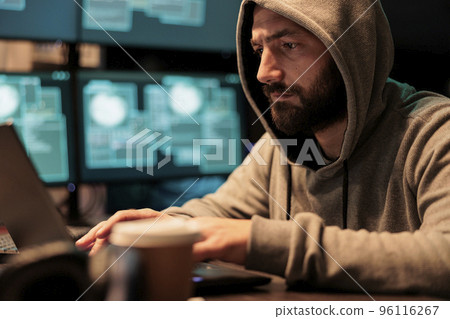 Dangerous IT criminal working on security breach, creating cyber attack on big data server. Hacking computer system and software, breaking security firewall and stealing company information. Dangerous IT criminal working on security breach, creating cyber attack on big data server. Hacking computer system and software, breaking security firewall and stealing company information. 96116267