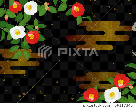Camellia and golden clouds at night _ Japanese background 96117346