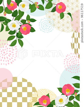 山茶花和日本圖案框架_垂直(3:4) 山茶花和日本圖案框架_垂直(3:4) 96117519