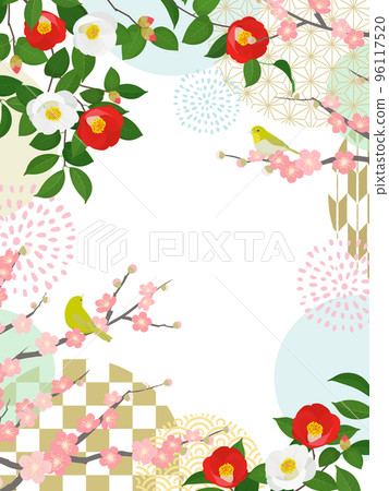 茶花、梅花和白眼_日本框架_垂直 (3:4) 96117520