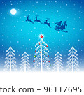Santa Claus and gifts in sleigh with reindeers pulling the sleigh on forest background. 96117695