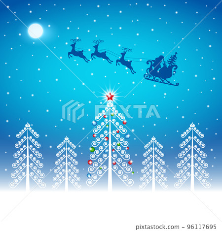 Santa Claus and gifts in sleigh with reindeers pulling the sleigh on forest background. Santa Claus and gifts in sleigh with reindeers pulling the sleigh on forest background. 96117695