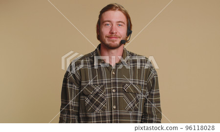 Man freelance worker, call center or support service operator helpline, having talk with client 96118028