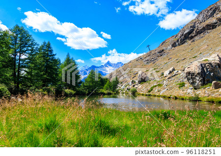 View of Grindji Lake (Grindjisee) and Swiss Alps at summer on Five-lake trail in Zermatt, Switzerland View of Grindji Lake (Grindjisee) and Swiss Alps at summer on Five-lake trail in Zermatt, Switzerland 96118251