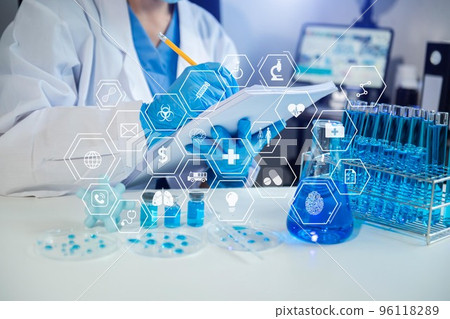 Coronavirus COVID 19 medical test vaccine research and development concept. Scientist in laboratory study and analyze scientific sample of Coronavirus 96118289