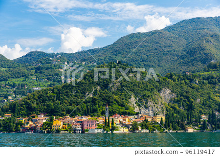 Landscape with lake and mediterranean buildings, lake Como, Varenna 96119417