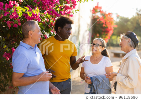 Mature multinational cheerful males and females talking outdoors near the park on a sunny day 96119680