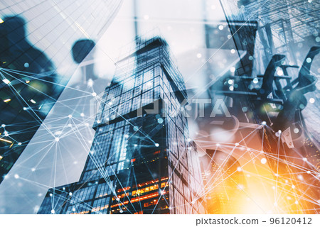 Silhouette of business people work together in office. Concept of teamwork and partnership. double exposure with network effects 96120412