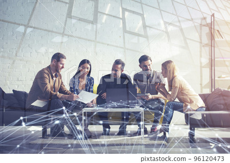 Business people connected on internet network with a laptop. concept of startup company. double exposure 96120473