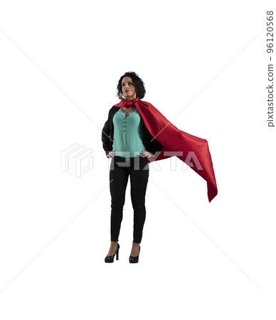 Successful businesswoman acts like a super hero. isolated on white background 96120568