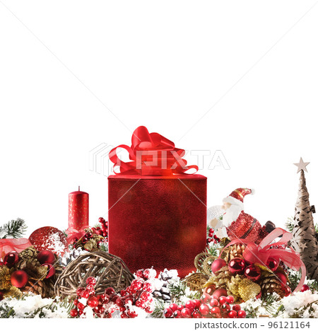 Christmas background concept. Shimmering Christmas decorations with gift, tree, Santa Claus and candles Christmas background concept. Shimmering Christmas decorations with gift, tree, Santa Claus and candles 96121164