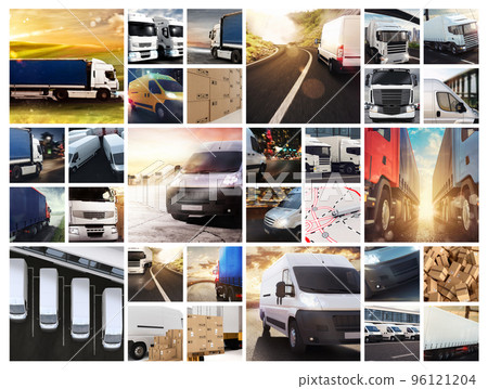 Collage composition with vans and trucks. Concept of transport and logistic Collage composition with vans and trucks. Concept of transport and logistic 96121204