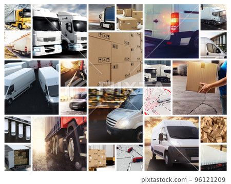 Collage composition with vans and trucks. Concept of transport and logistic Collage composition with vans and trucks. Concept of transport and logistic 96121209