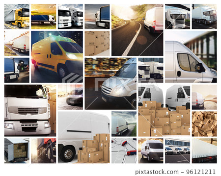 Collage composition with vans and trucks. Concept of transport and logistic 96121211