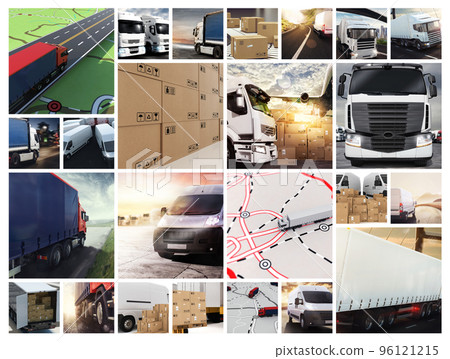 Collage composition with vans and trucks. Concept of transport and logistic 96121215