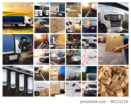 Collage composition with vans and trucks. Concept of transport and logistic 96121216