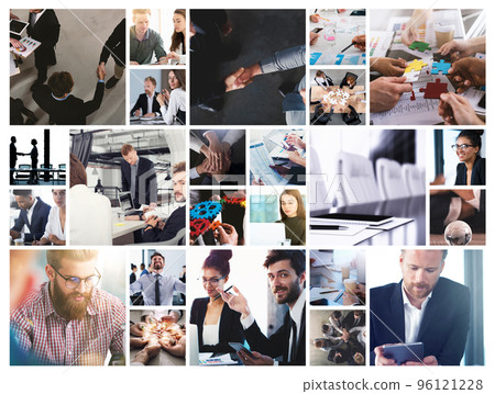 Business collage with scene of business person at work 96121228