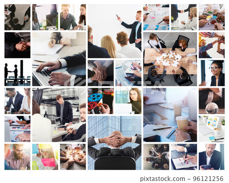 Business collage with scene of business person at work Business collage with scene of business person at work 96121256