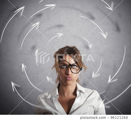 Confused businesswoman has dizziness. Concept of stress and overwork 96121268