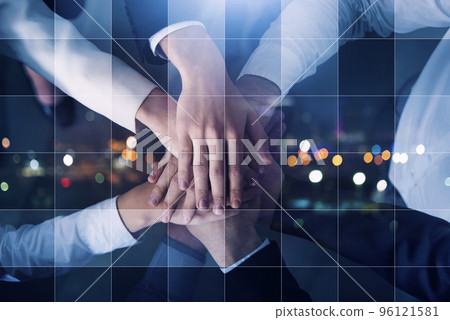 Business people putting their hands together. Concept of startup, integration, teamwork and partnership. Double exposure Business people putting their hands together. Concept of startup, integration, teamwork and partnership. Double exposure 96121581