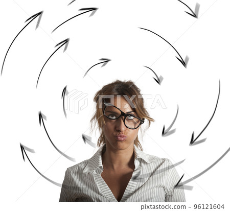 Confused businesswoman has dizziness. Concept of stress and overwork Confused businesswoman has dizziness. Concept of stress and overwork 96121604