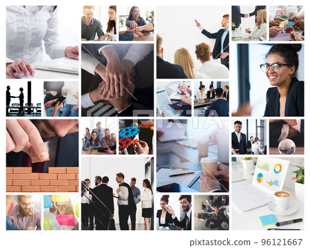 Business collage with scene of business person at work Business collage with scene of business person at work 96121667