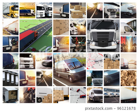 Collage composition with vans and trucks. Concept of transport and logistic Collage composition with vans and trucks. Concept of transport and logistic 96121678