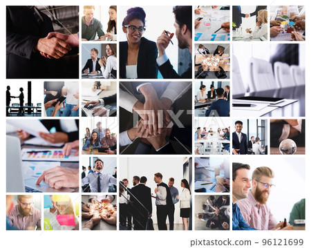 Business collage with scene of business person at work 96121699